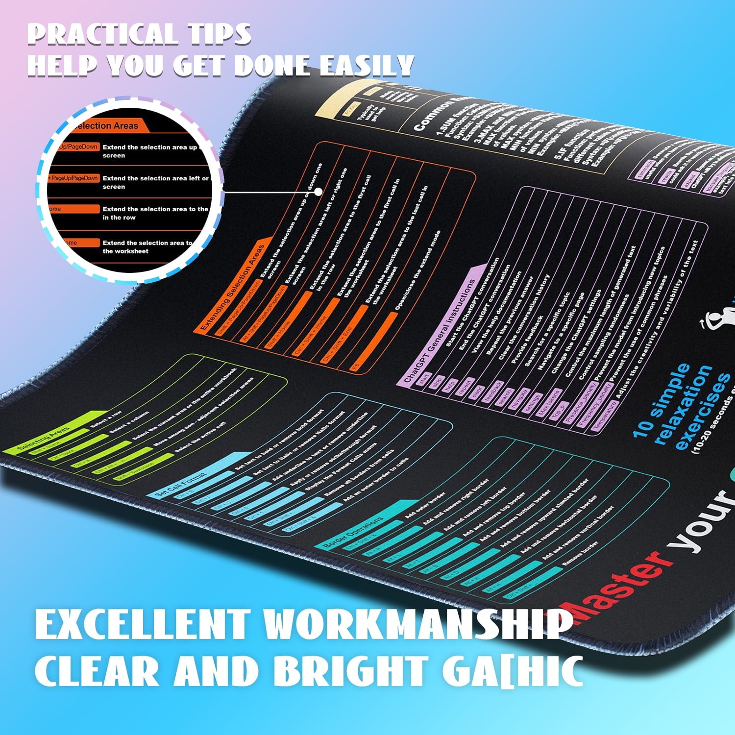 Excel Cheat Sheet Desk Mat, Large XL Waterproof Keyboard and Mouse Pad with Excel Shortcuts, Gaming Accessories for Computer Desk, 31.511.8 - Image 4