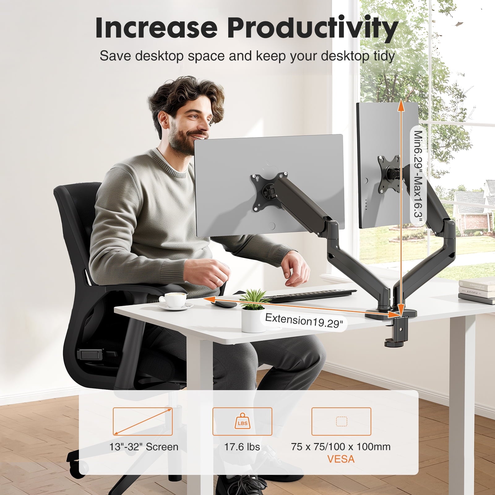 EDX  Dual Monitor Stand, Adjustable Spring Desk Mount for 13-32 inch Computer Screens and Holds up to 17.6lbs - Image 6