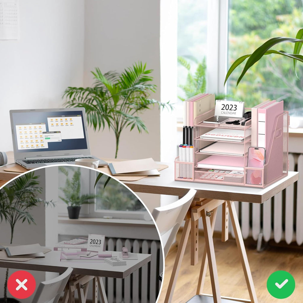5-Tier Metal Mesh Desk Document Organizer with File Holder, Pen Holder and Drawer, Pink - Image 2
