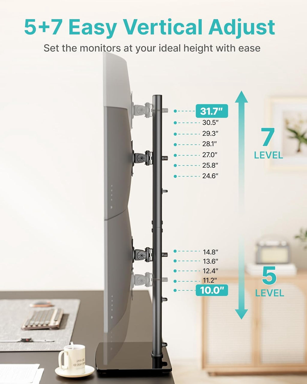Vertical Dual Monitor Stand for 1734 Inch Screens, Stacked Monitor Mount with 33.3" Pole & 12 Height Settings, Freest... - Image 5