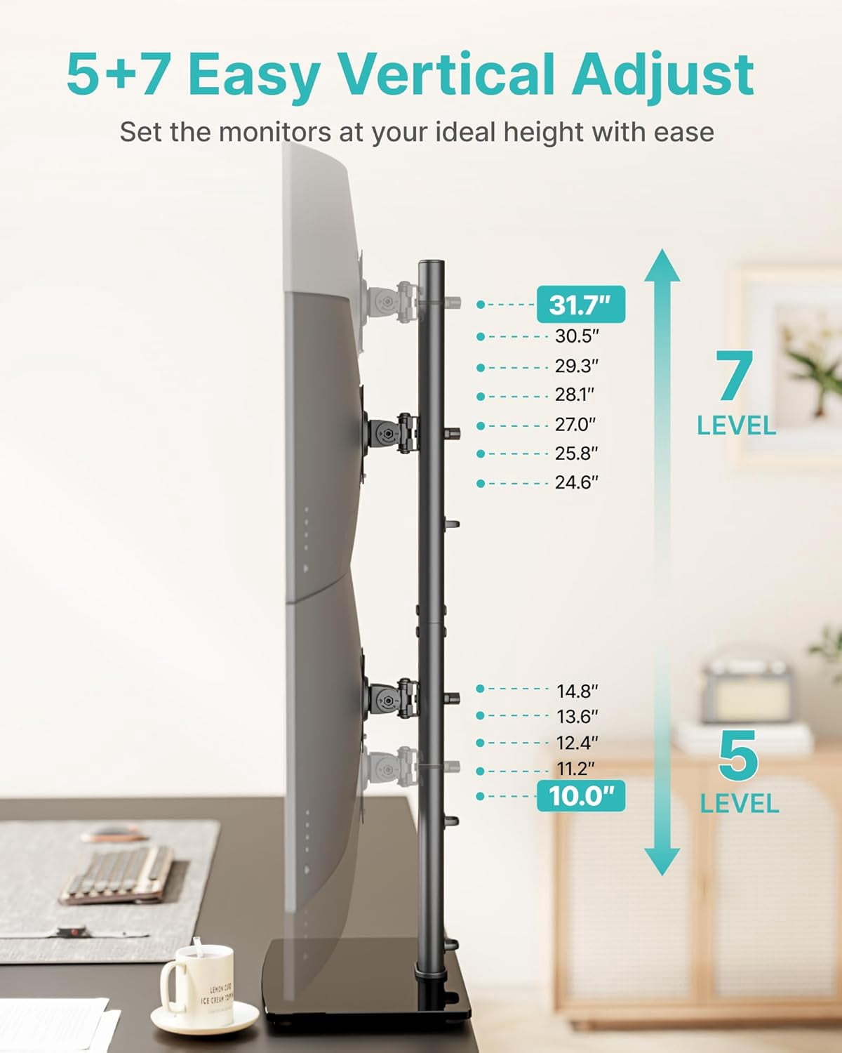 Vertical Dual Monitor Stand for 1734 Inch Screens, Stacked Monitor Mount with 33.3" Pole & 12 Height Settings, Freest... - Image 5