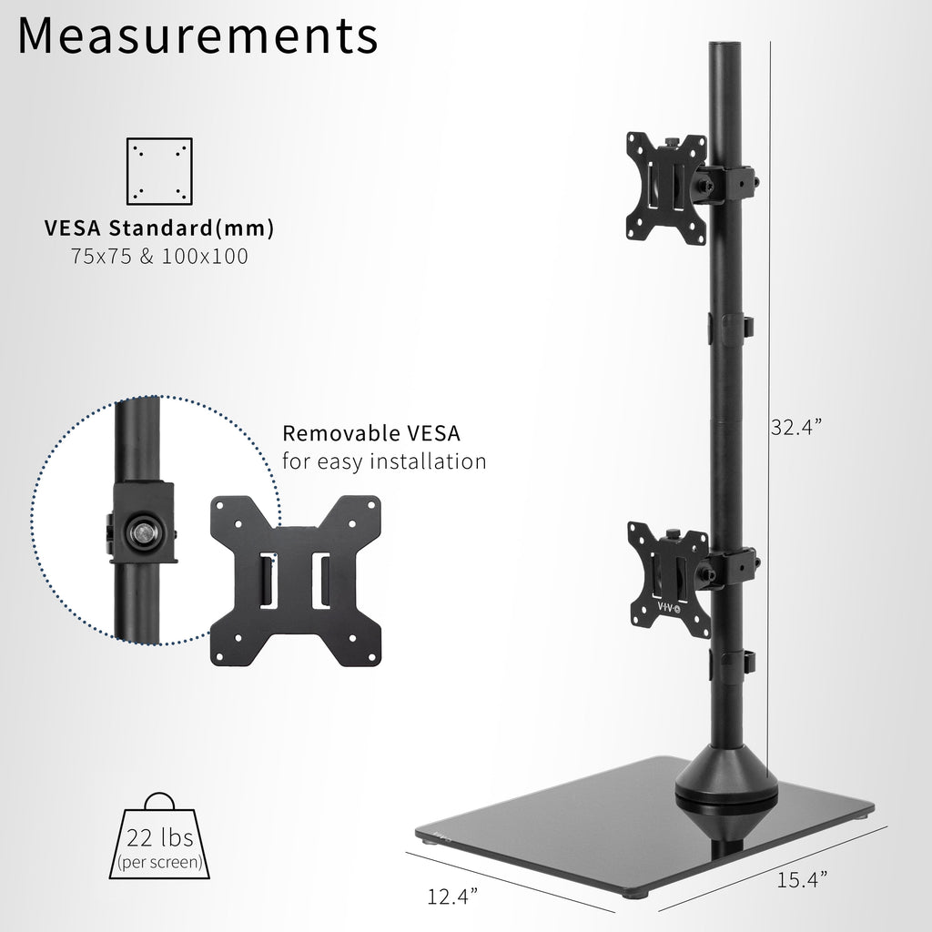 Dual Monitor Vertical Stand, Glass Base, Fits 2 Ultrawide Screens up to 34" - Image 3