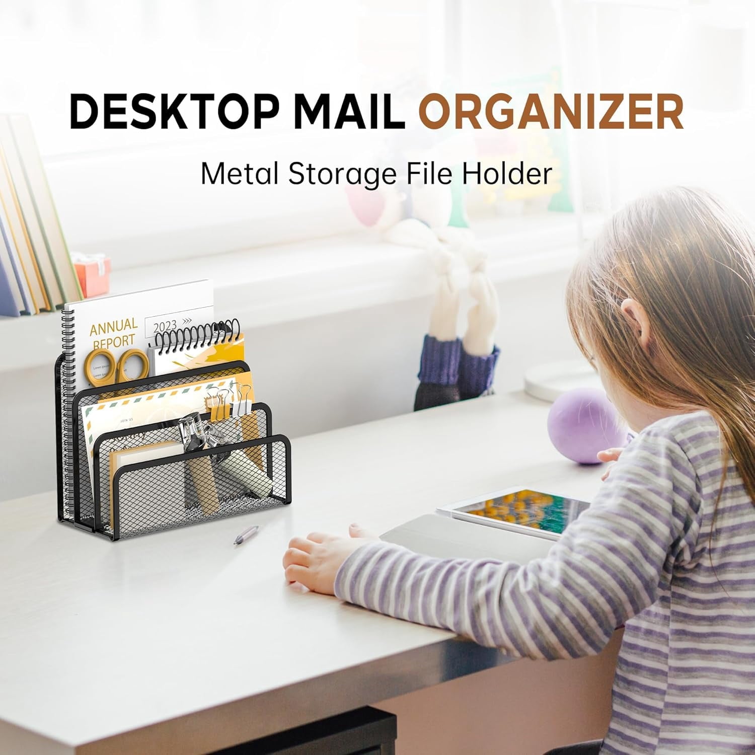 2 Pack Mail Organizer for Desk, Mesh Metal Mail Holder Countertop with 3-Slot, Letter Sorter File Holder, Office Enve... - Image 4