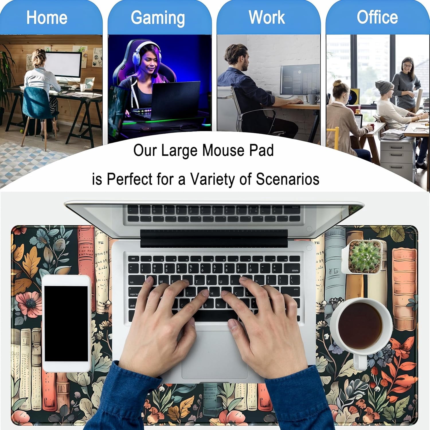 Floral Books Desk Mat Reading Desk Pad Mouse Mat XXL, Colorful Mouse Keyboard Pad Flower Bookshelf Desktop Mat, Long Computer Mats Aesthetic - Image 6