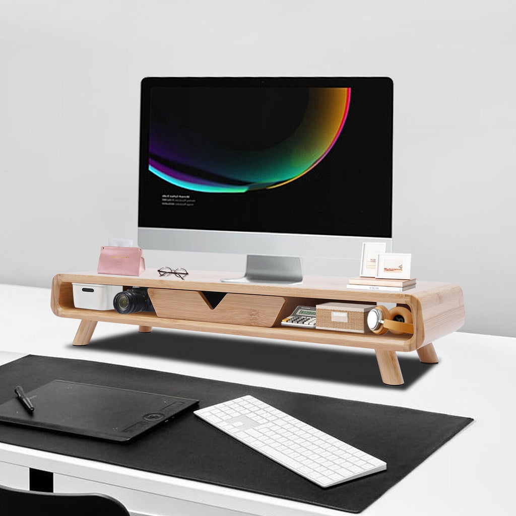 Bamboo Monitor Stand 24in Modern Office W/ Drawer Desktop Stand Back Baffle Gift - Image 3