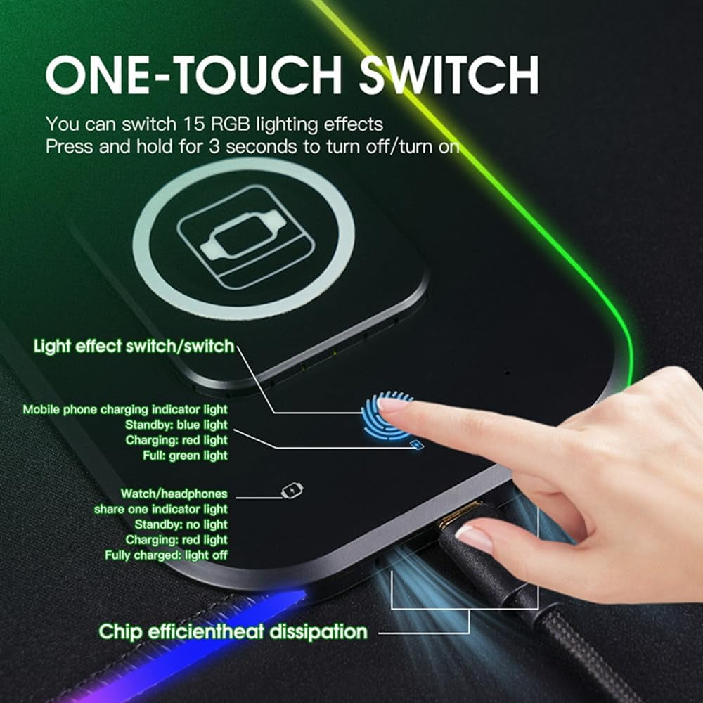 XIHAMA 3 in1 Wireless Charging RGB Gaming Mouse PAD, 15W 10 Light Modes, 800*300*4mm LED Magnetic Wireless Charging Mouse, Pad Desk Pad, Ill - Image 5