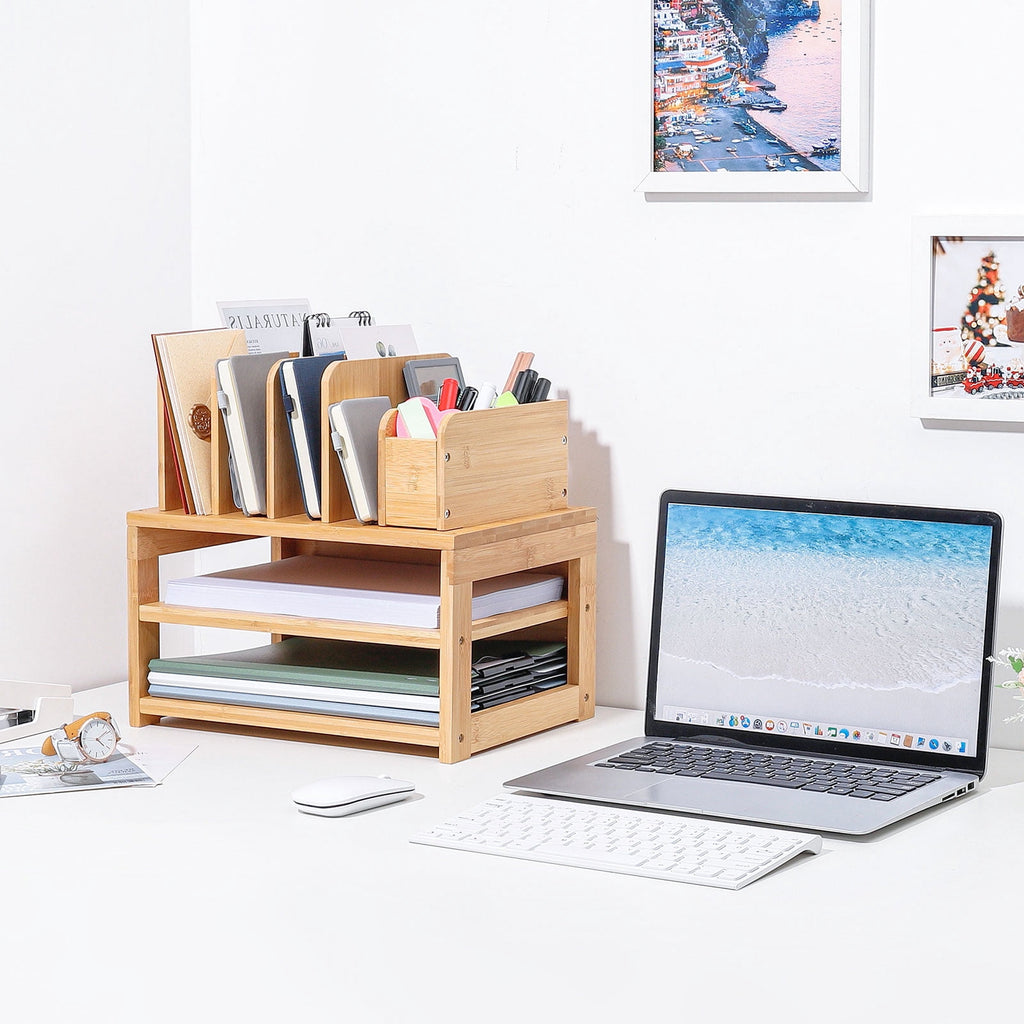 Bamboo Desk Organizer with File Holder & Adjustable Pen Holding, 3-Tier Desktop Letter Paper Tray Storage - Image 2