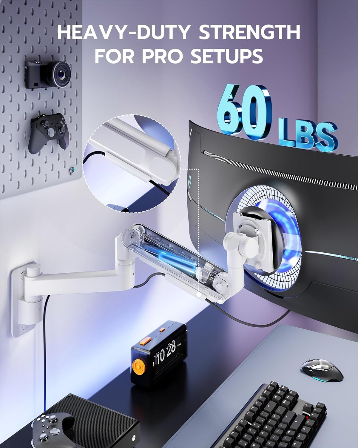 ARES WING Heavy Duty Wall Mount Monitor Arm for 24"-57" Ultrawide Screens, Gas Spring Wall Monitor Mount Holds up to 60 lb, Full Motion Adju - Image 4
