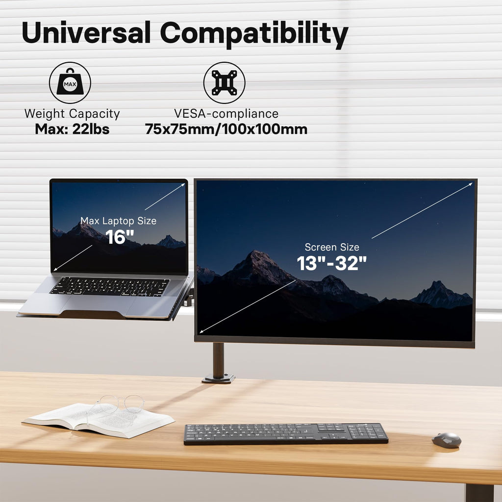 Monitor and Laptop Mount Stand, Fully Adjustable Monitor Arm with Vented Tray for 13" to 32" LCD Screens and Notebook... - Image 3