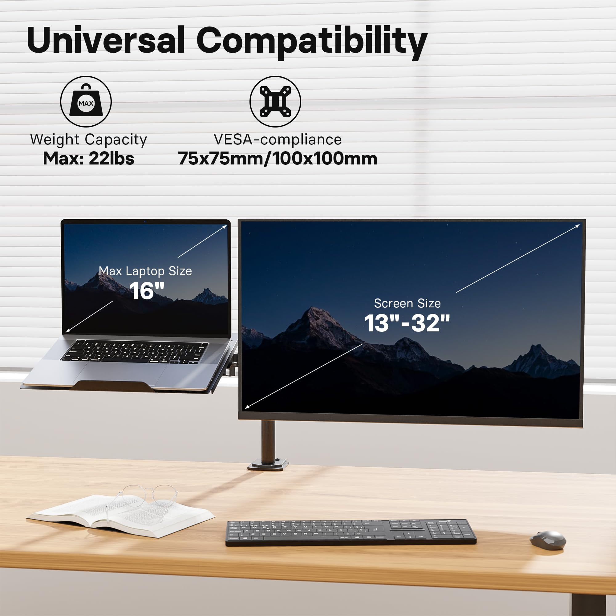 Monitor and Laptop Mount Stand, Fully Adjustable Monitor Arm with Vented Tray for 13" to 32" LCD Screens and Notebook... - Image 3
