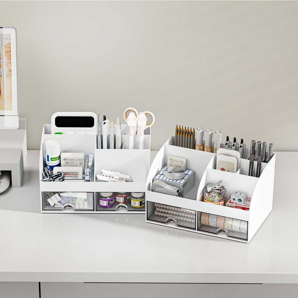 Style-Carry Desk Organizer with 6 Compartments and 2 Drawers, Plastic Desktop Organizer & Pencil Holder, White - Image 5