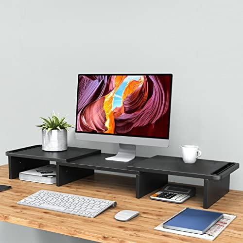 Dual Monitor Stand Riser, Monitor Stand with Adjustable Length and Angle, Wood Monitor Stand for Desk, Monitor Riser for 2 Monitors with Sto - Image 4