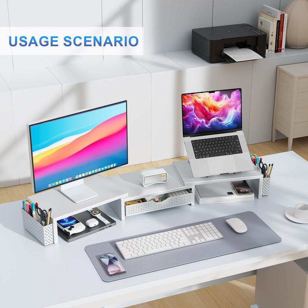 Riser, Desk Organizer With Drawer and 2 Pen Holders, for Desk, Office Decor Essentials (White) - Image 6