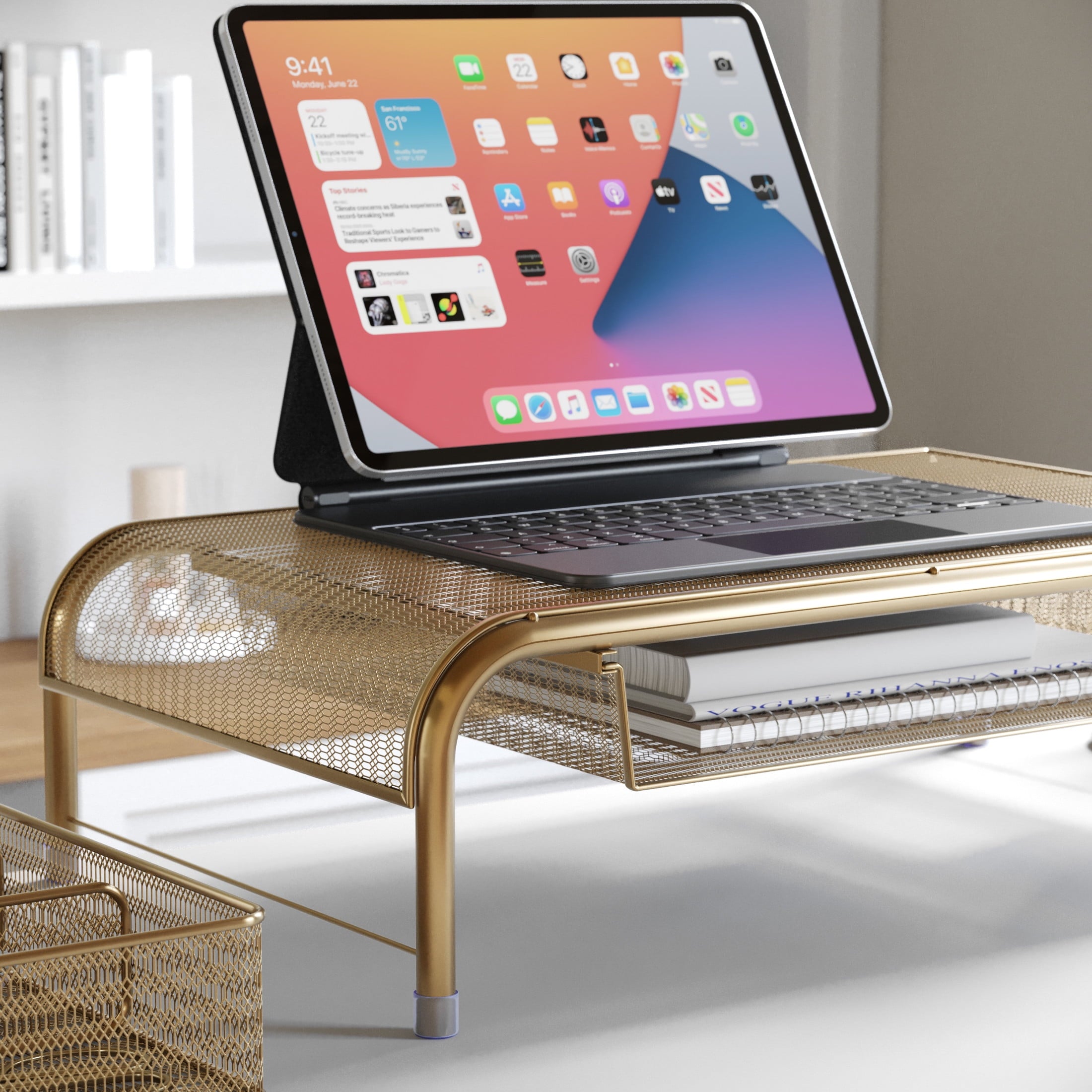 Ryder Gold Mesh Metal Desktop Monitor Stand Riser with Organizer Drawer and Side Storage - Image 5