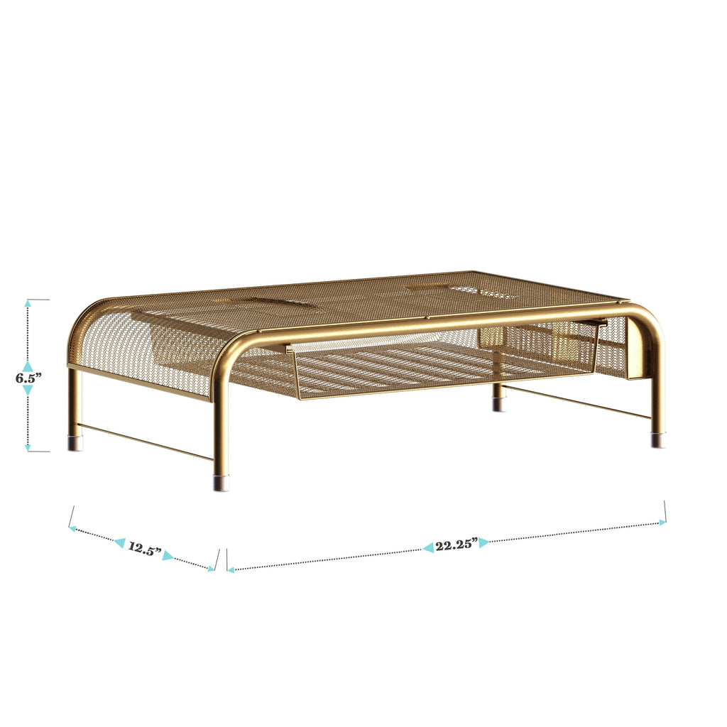 Ryder Gold Mesh Metal Desktop Monitor Stand Riser with Organizer Drawer and Side Storage - Image 6