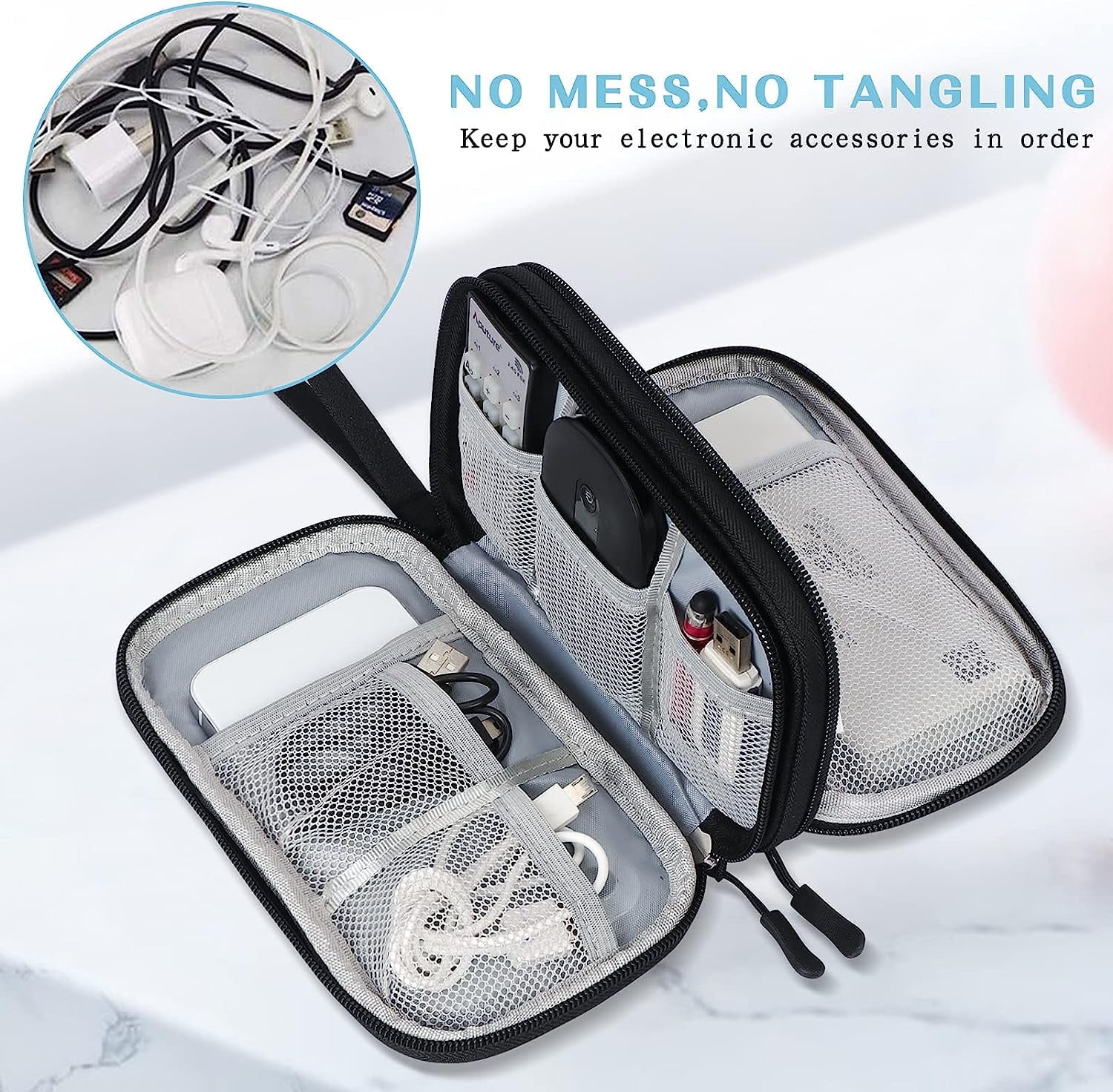 Black Travel Cable Organizer Bag Electronic Organizer Pouch Bag Electronic for Cable, Cord, Charger Accessories Doubl... - Image 2