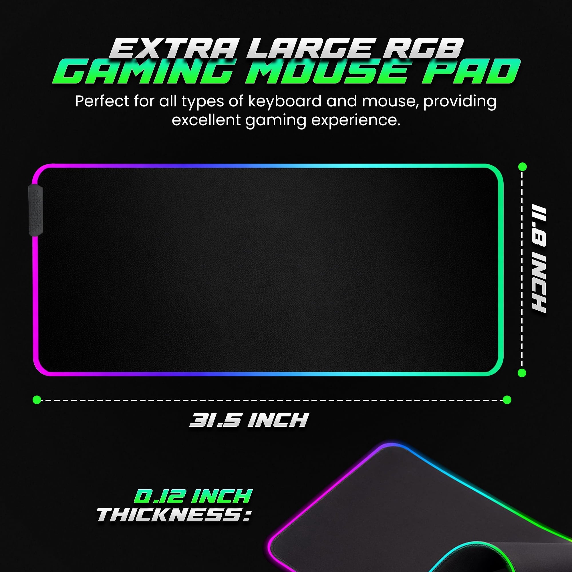 Lumen8 RGB LED Gaming Desk Mouse Pad, 11.8 x 31.5 in, USB Powered with Braided Micro USB Cable, Water-Resistant - Image 2