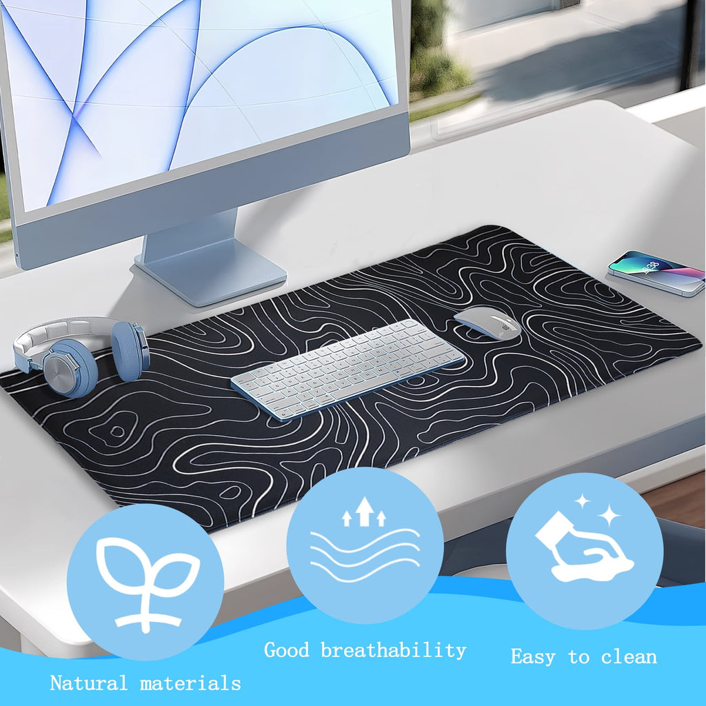 Topographic Mouse Pad 31.5 x 11.8 In, Large Keyboard Desk Pad Mat with with Non-Slip Base Stitched Edge, White and Bl... - Image 3