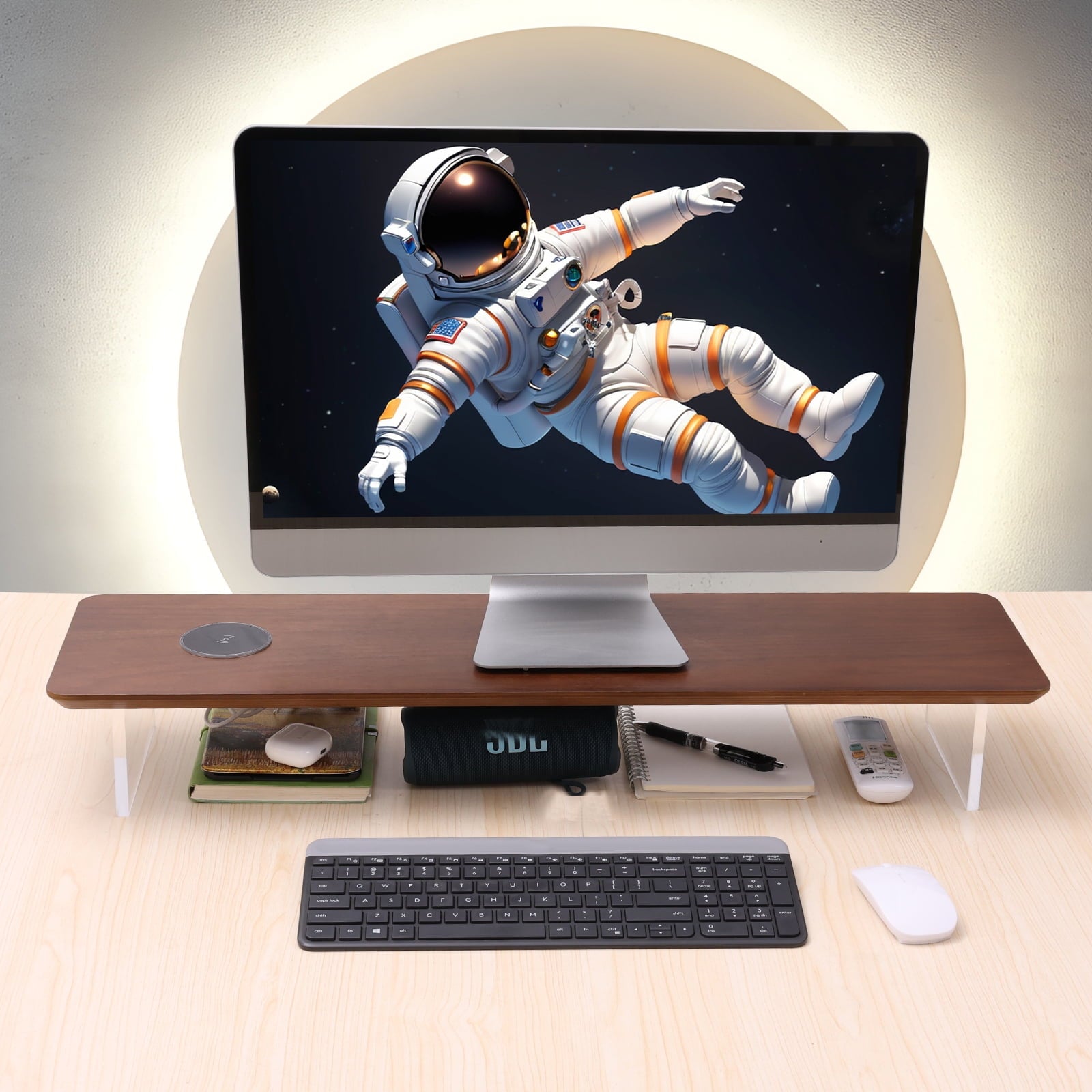 Wooden Monitor Stand Riser with Wireless Charging USB Port Desktop Organizer Shelf 31.5 Inch Large 1 Pack - Image 6
