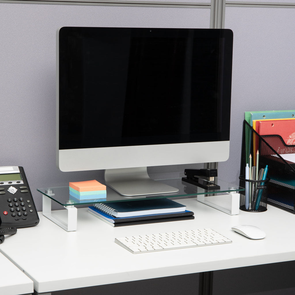 Mind Reader Monitor Stand, Contemporary, Desktop Organizer, Laptop Riser, Office, Glass, Clear - Image 2