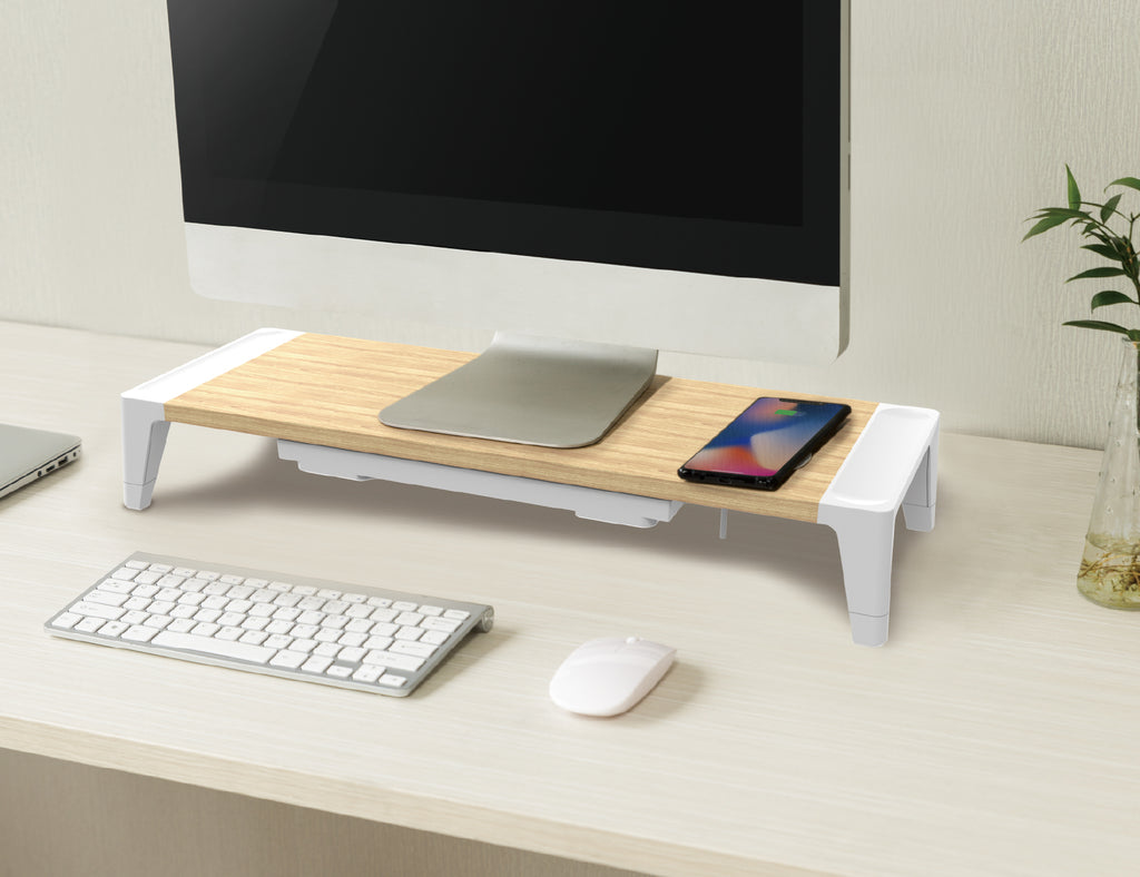 Bostitch Wooden Monitor Stand, Wireless Charging Pad, Drawer for Storage, Adjustable Height Riser Includes Removable Non-Skid Rubber Feet - - Image 2