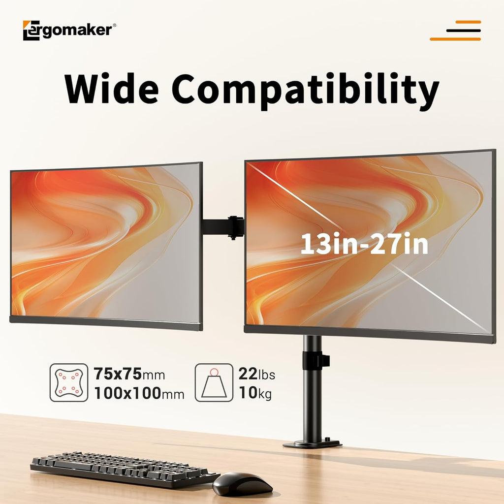 Dual Monitor Mount for Desk, Stand Holds 2 Computer Screens Fits 13" to 27", Heavy Duty Fully Adjustable Arm with C-Clamp and Grommet Base, - Image 4