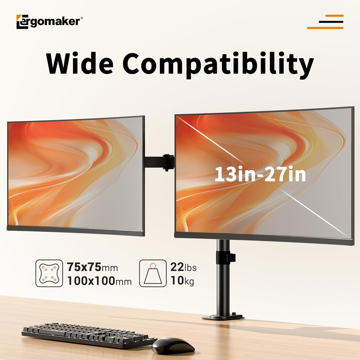 Dual Monitor Mount for Desk, Stand Holds 2 Computer Screens Fits 13" to 27", Heavy Duty Fully Adjustable Arm with C-Clamp and Grommet Base, - Image 4