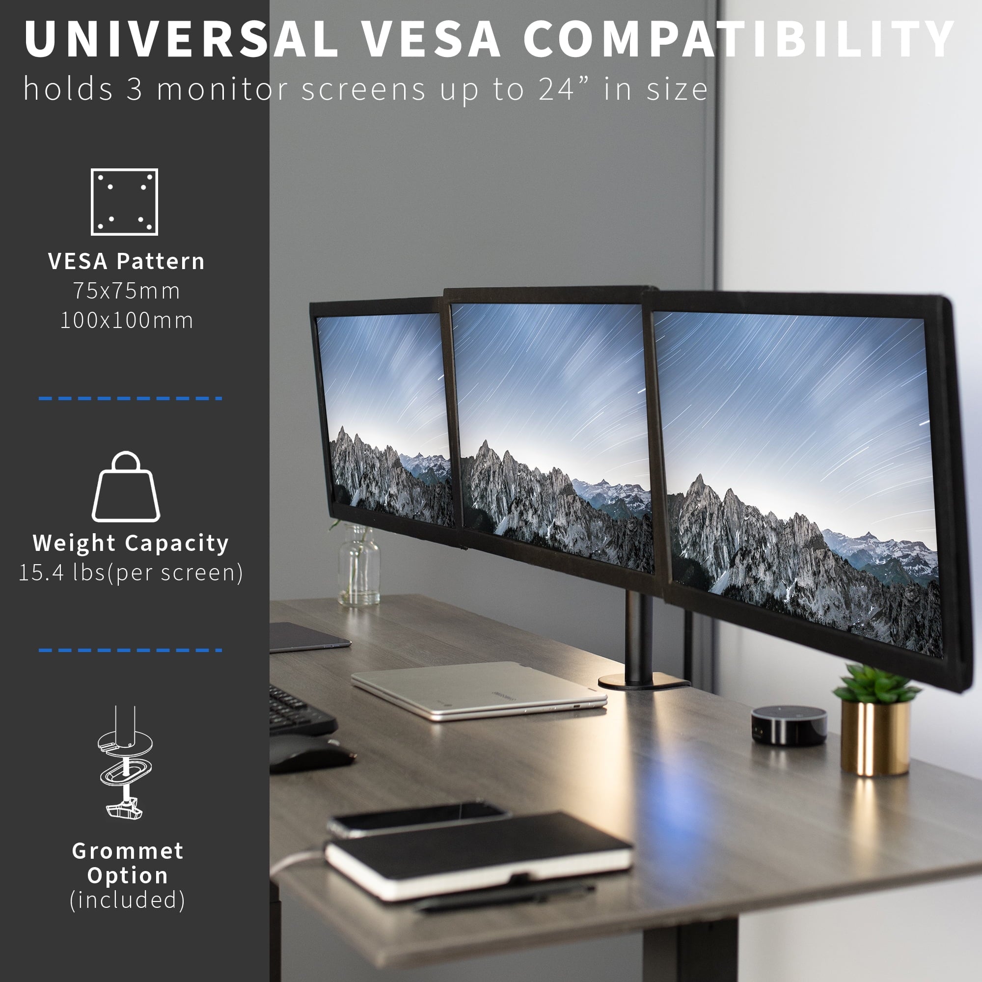 Triple Monitor Adjustable Mount Articulating Stand for 3 Screens up to 24" - Image 3