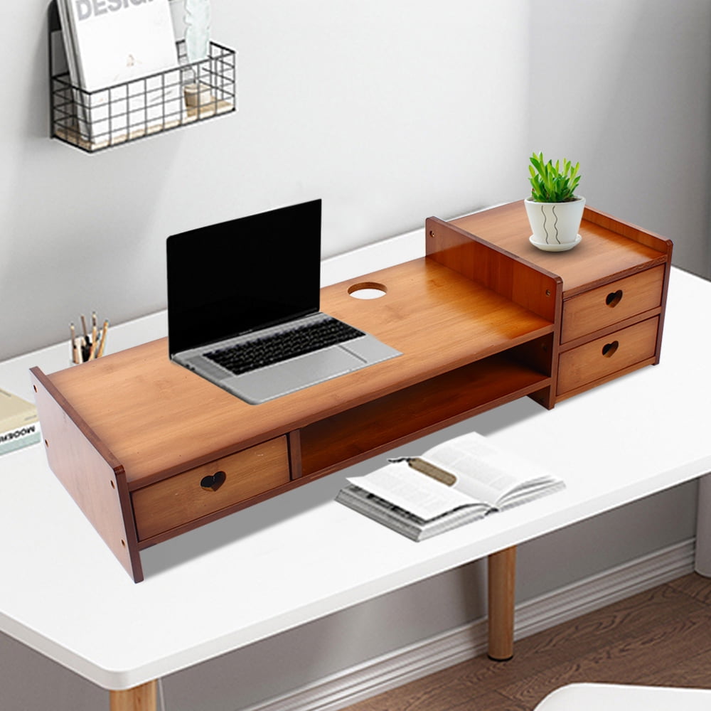 Retro Bamboo Monitor Stand Desk Storage Organizer with Three Drawers and Double Shelves Multifunctional Monitor Stand Riser 110.23lbs Load C - Image 2