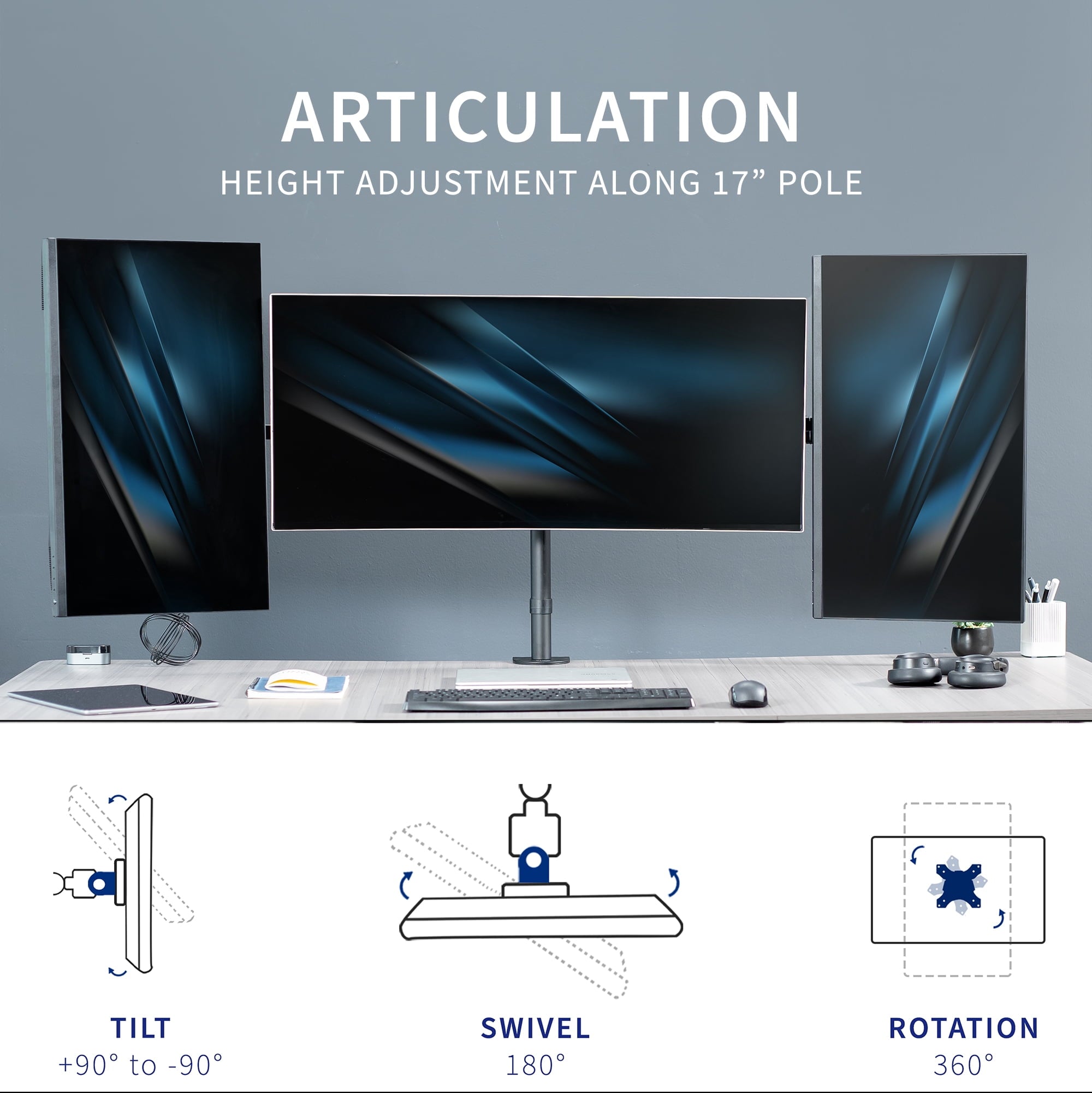 Telescoping Triple Computer Monitor Desk Mount, Heavy Duty Stand - Image 5