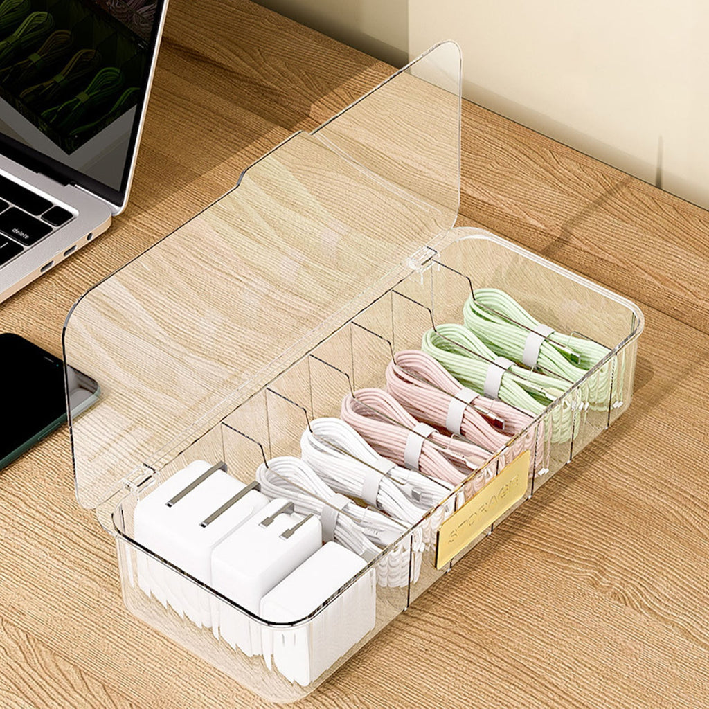 Box, Transparent Cord Storage Box Case, Storage with 7 Compartments, Desktop Management Box, 10.82X5.11X2.2inch - Image 6