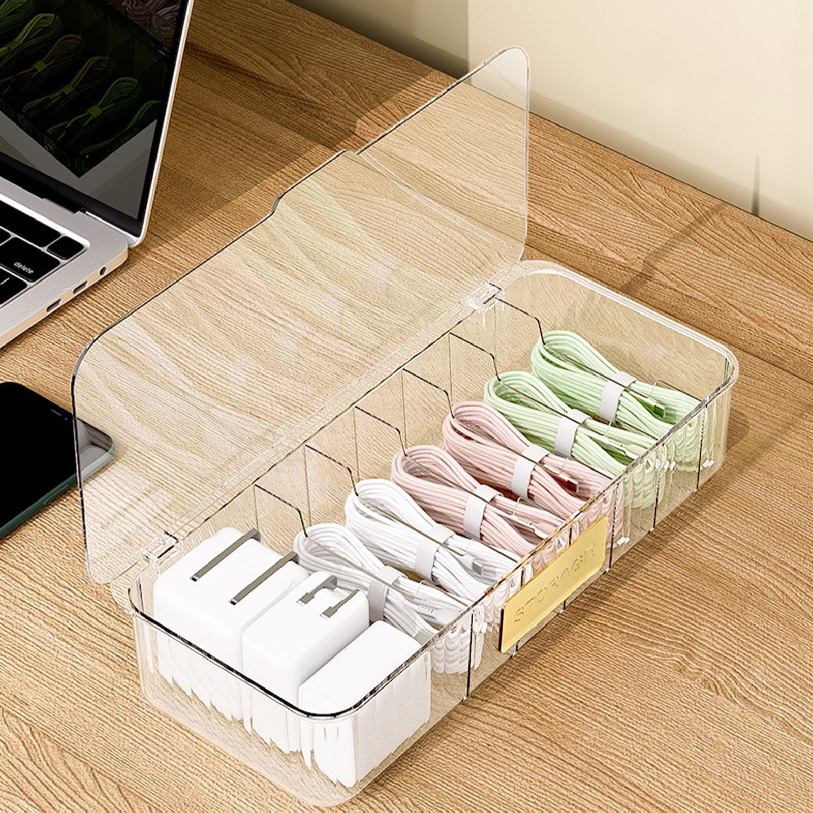 Box, Transparent Cord Storage Box Case, Storage with 7 Compartments, Desktop Management Box, 10.82X5.11X2.2inch - Image 6