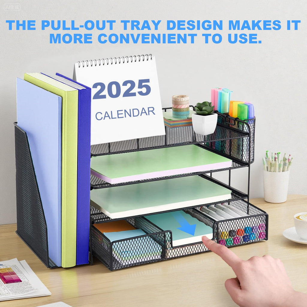 4-Tier Metal Vertical Countertop Desk Organizer comes with (2) Pen Cups, (1) Drawer & (1) File Holder, Black - Image 3