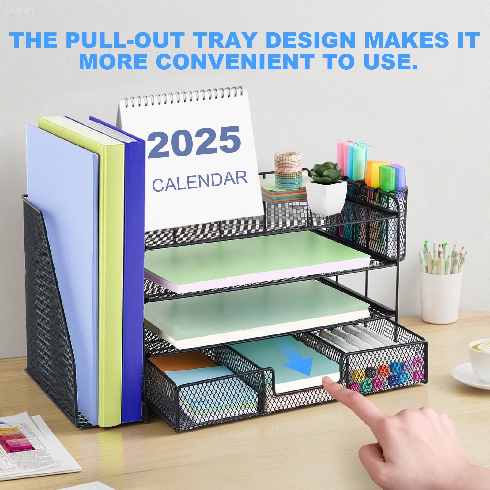 4-Tier Metal Vertical Countertop Desk Organizer comes with (2) Pen Cups, (1) Drawer & (1) File Holder, Black - Image 3