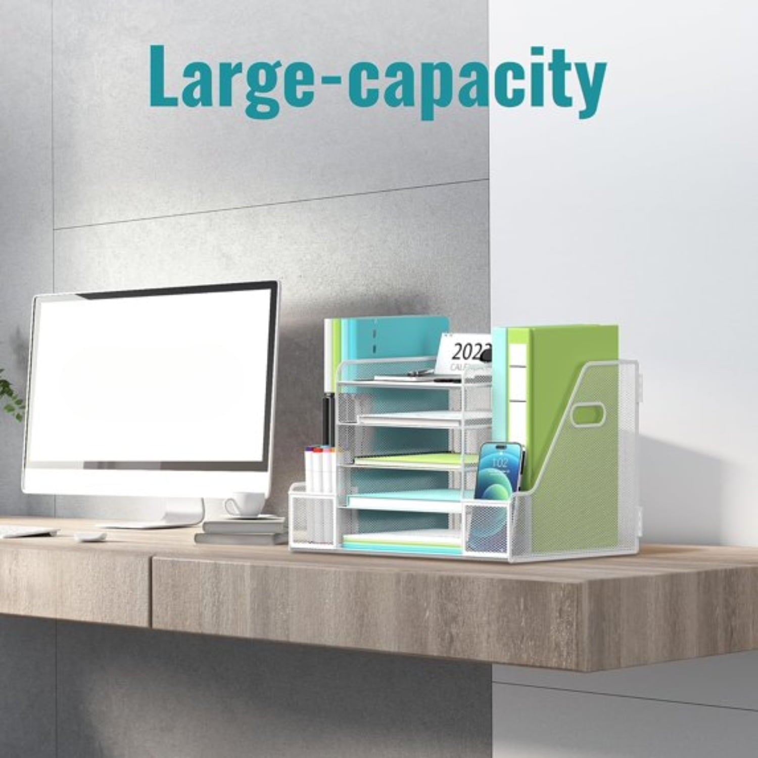 5-Tier Desk Organizer with File Holder, Mesh Paper Letter Tray Organizer with Magazine Holder, Desktop Organizer and ... - Image 5