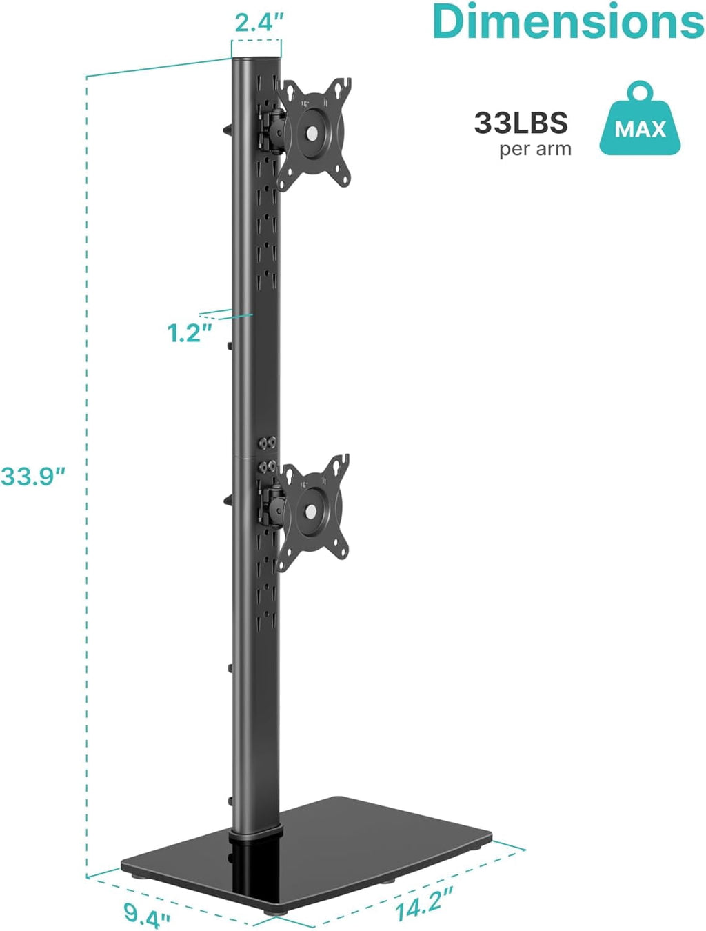 Vertical Dual Monitor Stand for 1734 Inch Screens, Stacked Monitor Mount with 33.3" Pole & 12 Height Settings, Freest... - Image 2