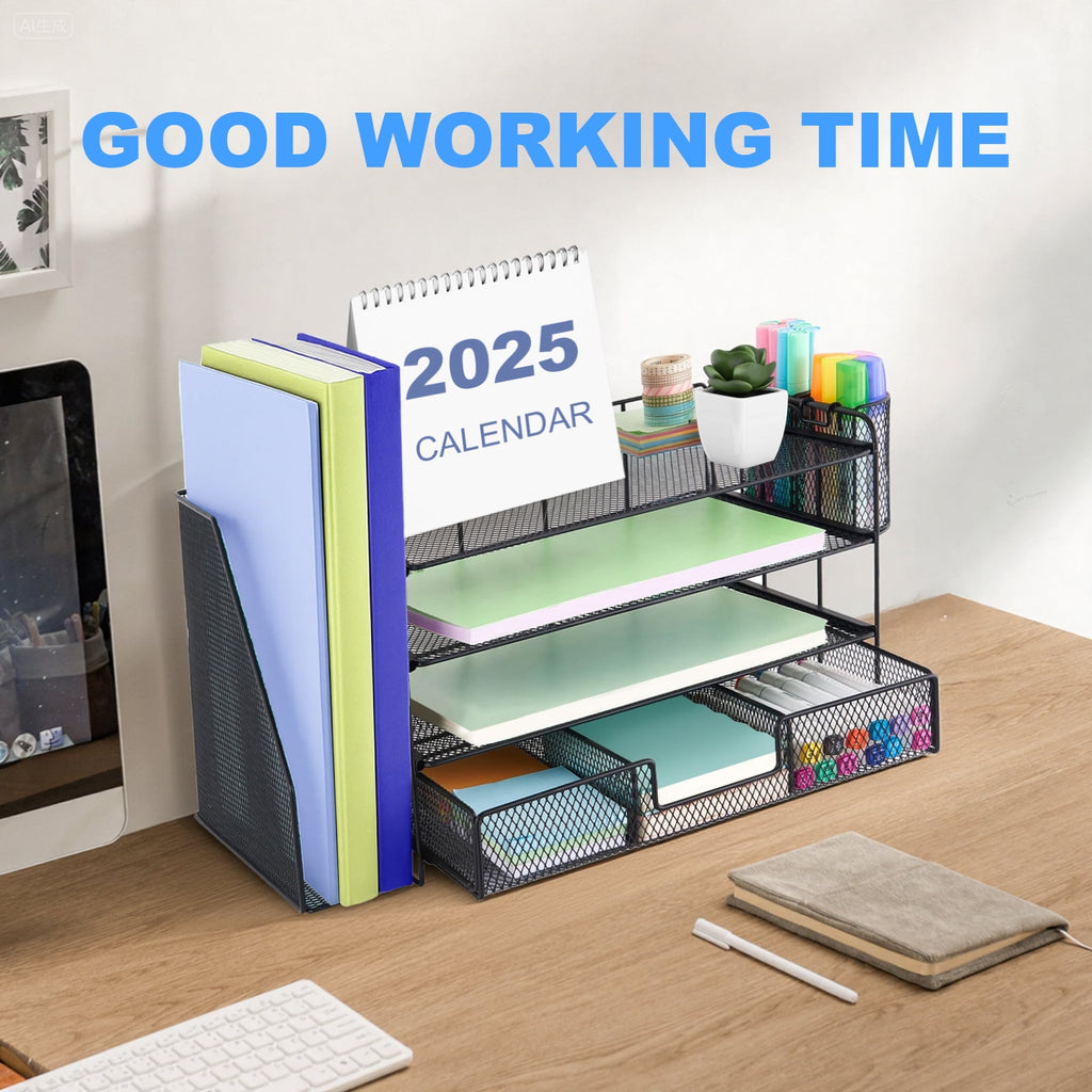 4-Tier Metal Vertical Countertop Desk Organizer comes with (2) Pen Cups, (1) Drawer & (1) File Holder, Black - Image 2