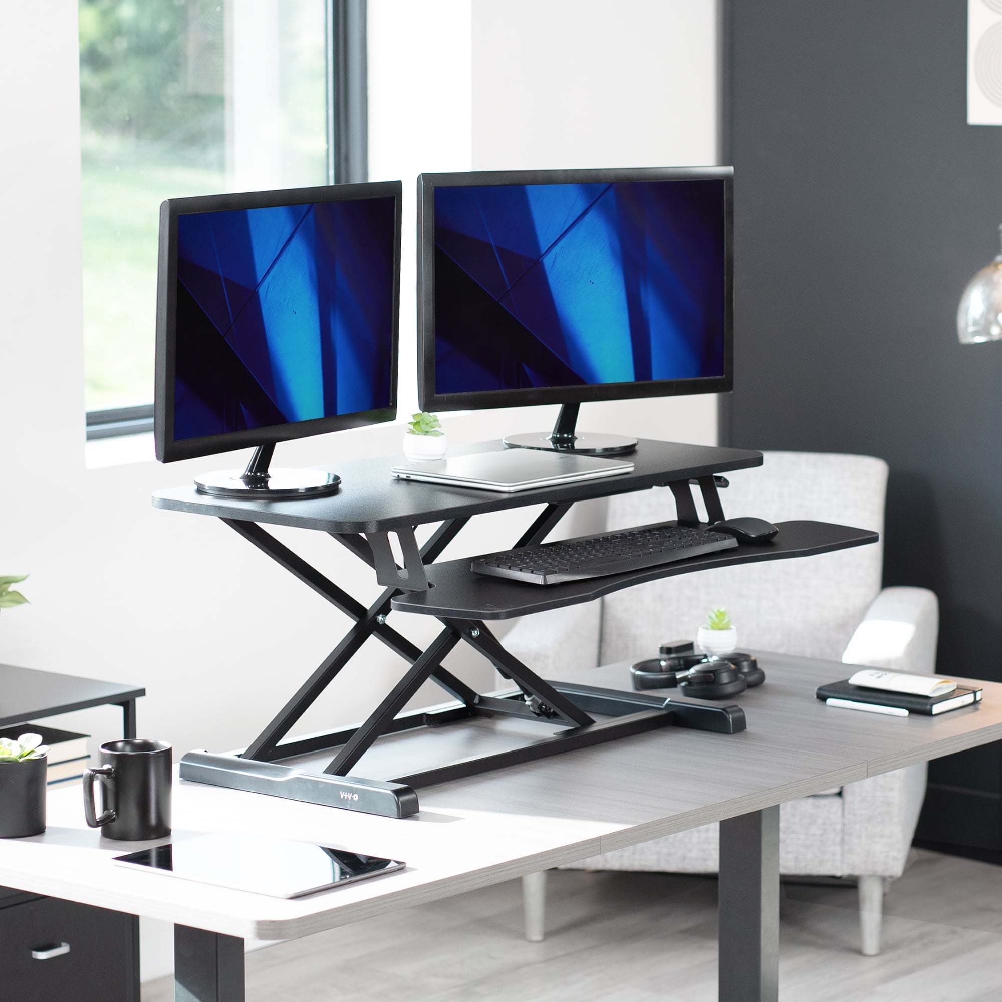Black Height Adjustable 36" Standing Desk Monitor Riser, Sit Stand Tabletop - Image 2