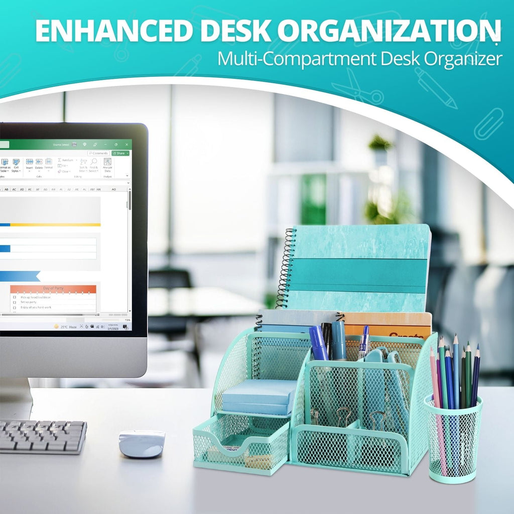 Desk Organizer Office Supplies Accessories Desktop Tabletop Sorter Shelf Pencil Holder Caddy Set - Metal Mesh with Drawer and 6 Compartments - Image 3