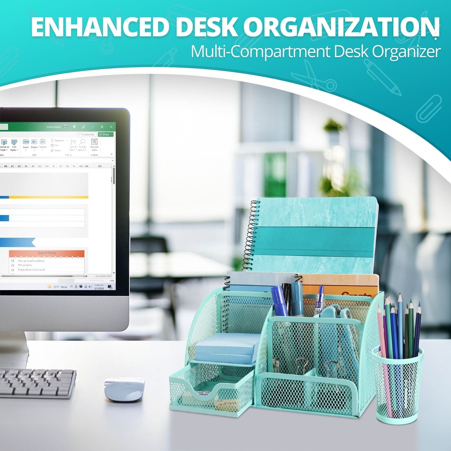 Desk Organizer Office Supplies Accessories Desktop Tabletop Sorter Shelf Pencil Holder Caddy Set - Metal Mesh with Drawer and 6 Compartments - Image 3