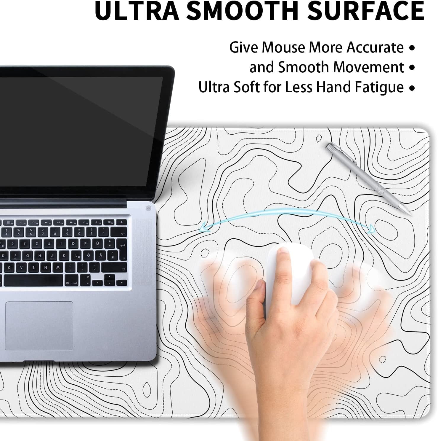 Topographic Map Large Mouse Pad XL White Lines Contour Geographic Extended Large Desk Mat Big Desk Pad 80X30 CM Non-S... - Image 4