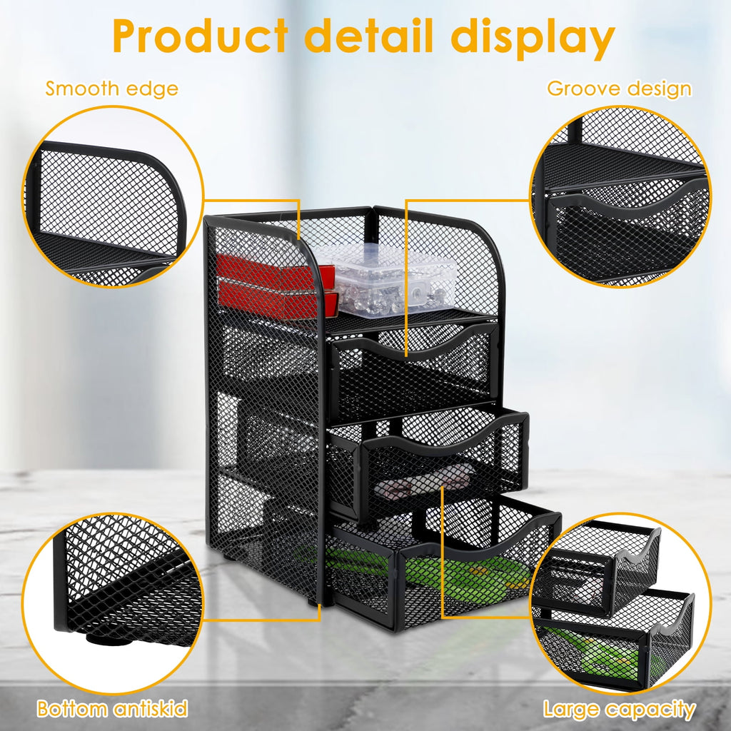  Mesh Desk Organizer with 3 Drawer Mesh Desk Storage Rack Mesh Desk Caddy for Home Office - Image 2
