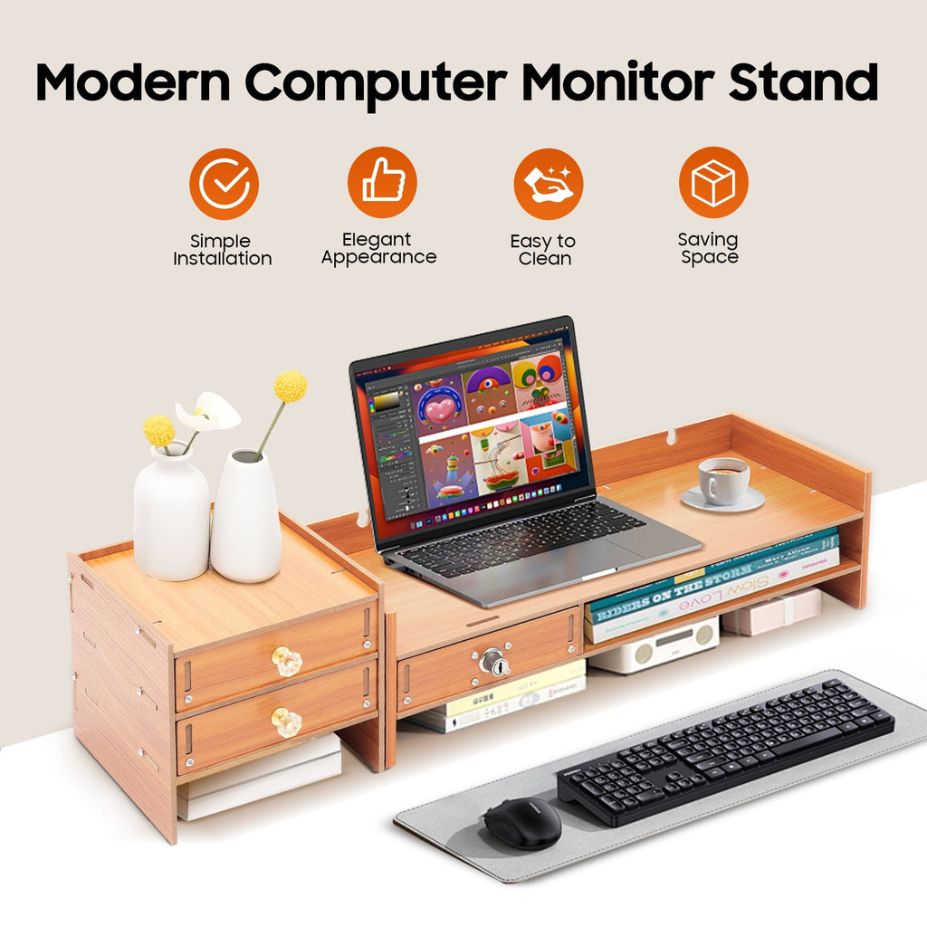 Wooden Computer Monitor Stand with Lockable Drawer, 3 Drawers & Phone Holder, Space-Saving Desk Organizer, Ergonomic ... - Image 3