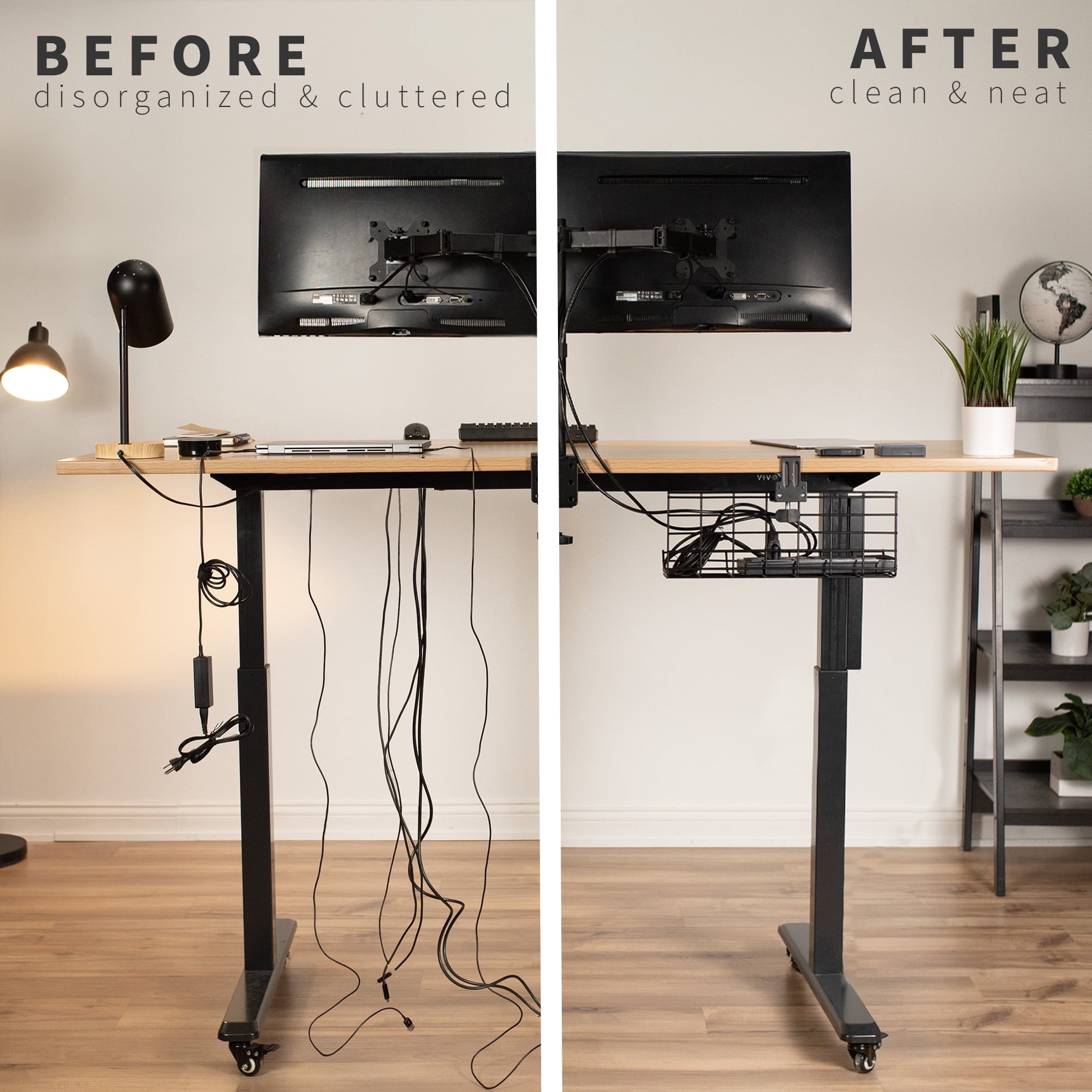 Black Clamp-on Dual Under Desk Cable Management Tray Organizers (2 Pack) - Image 4