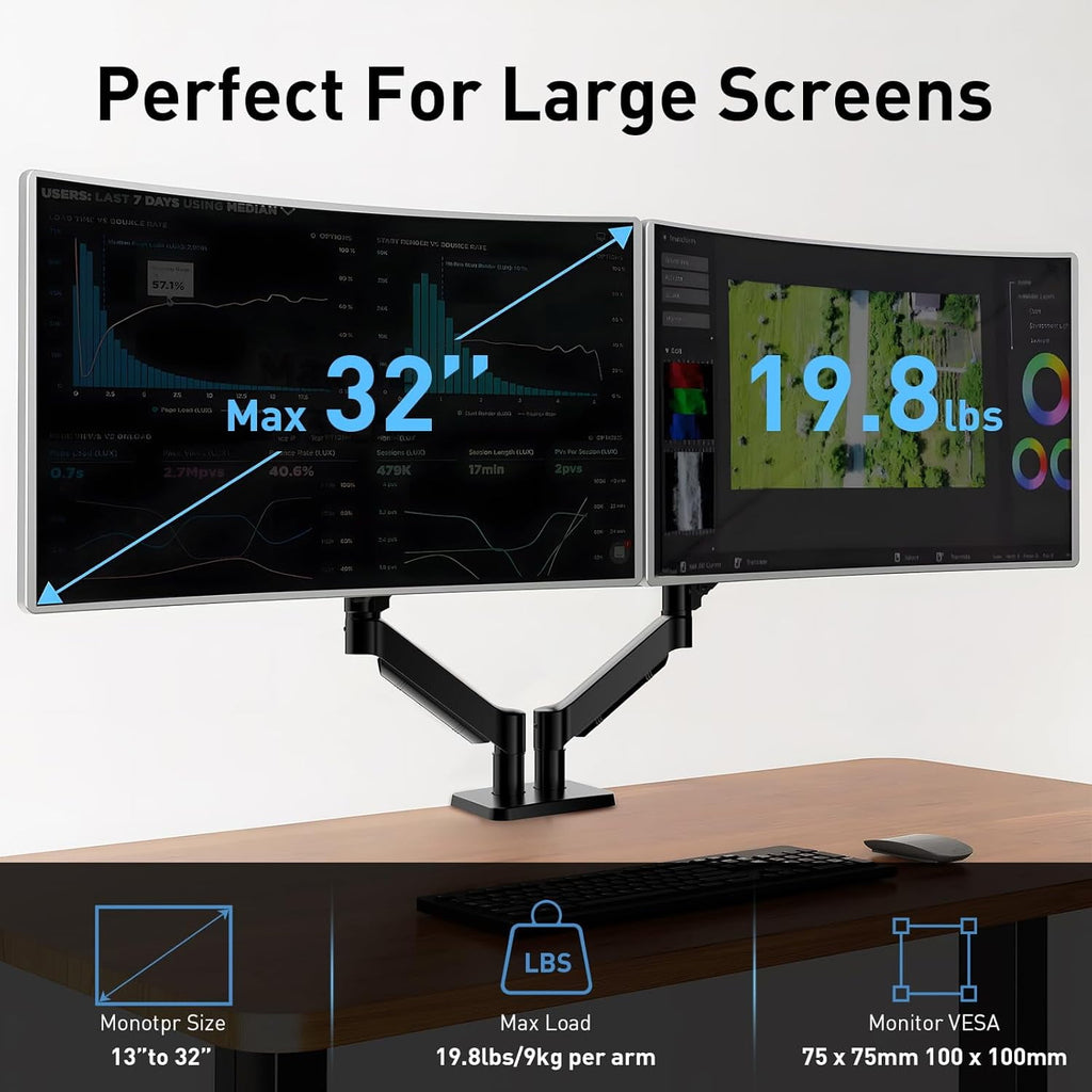 Dual Monitor Stand for Desk-Monitor Arms for 2 Monitors with C Clamp, Grommet Mounting Base for 13-32 Inch Computer S... - Image 2