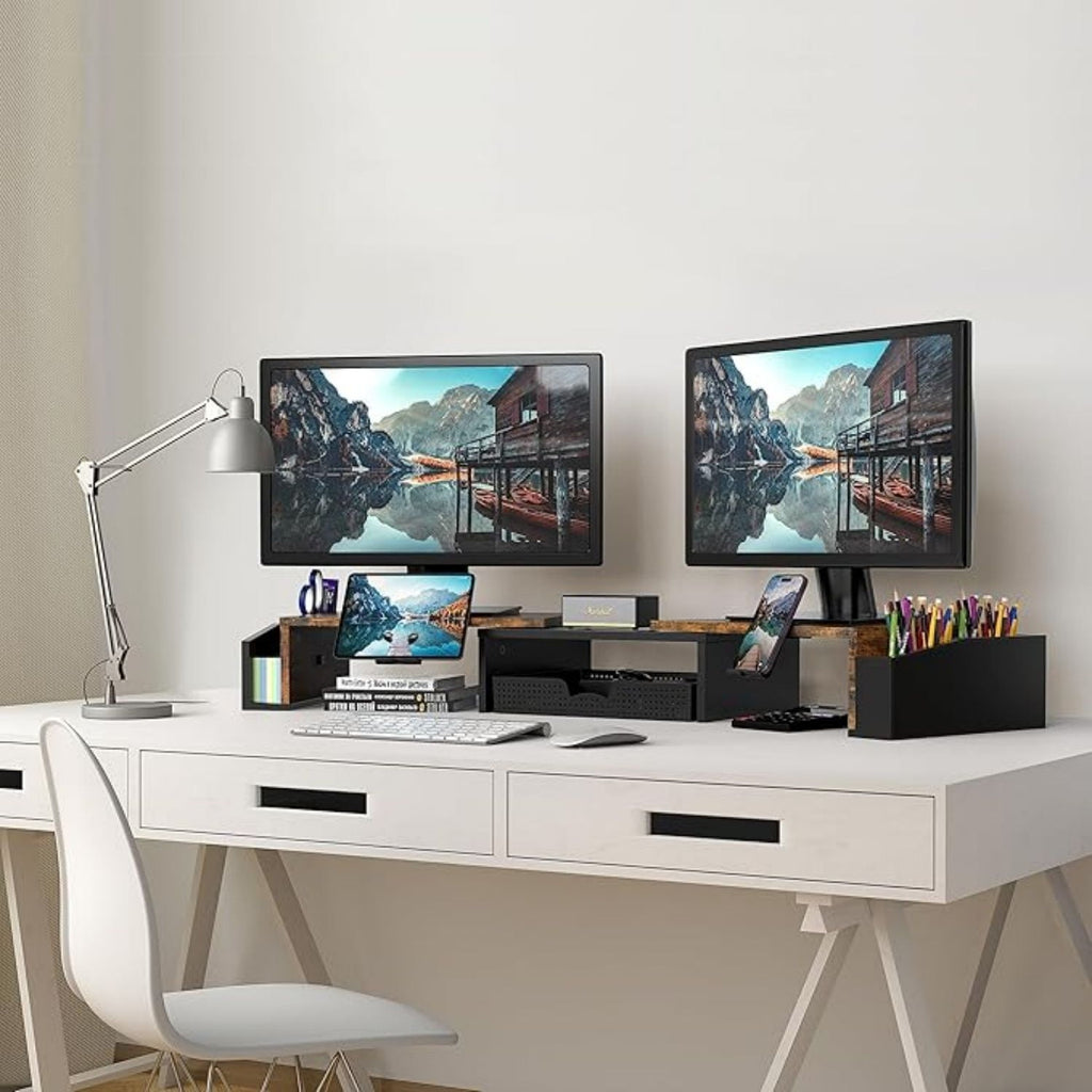 Desk Dual Monitor Stand Riser with Drawer, Rustic Brown - Image 3