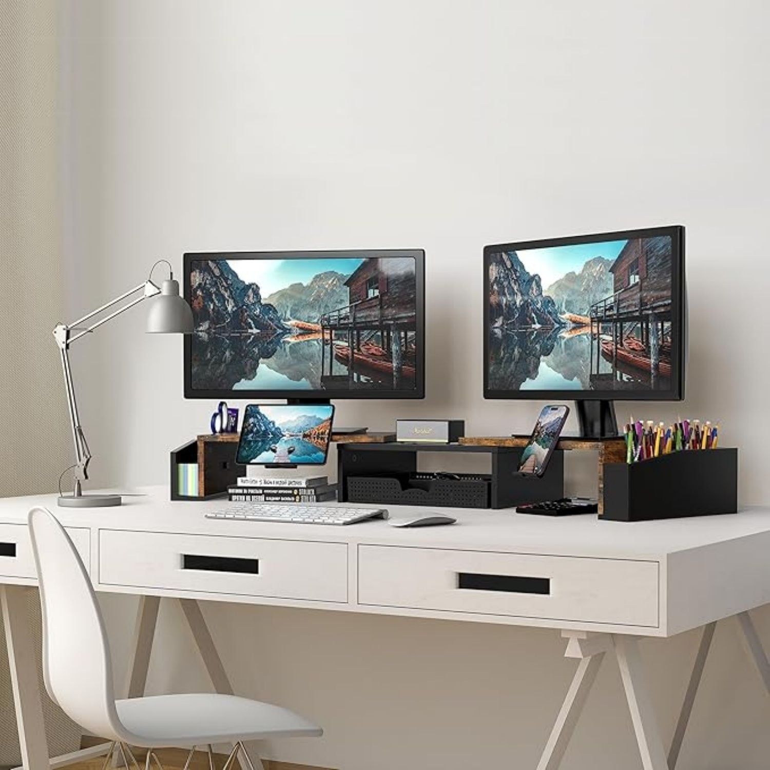 Desk Dual Monitor Stand Riser with Drawer, Rustic Brown - Image 3