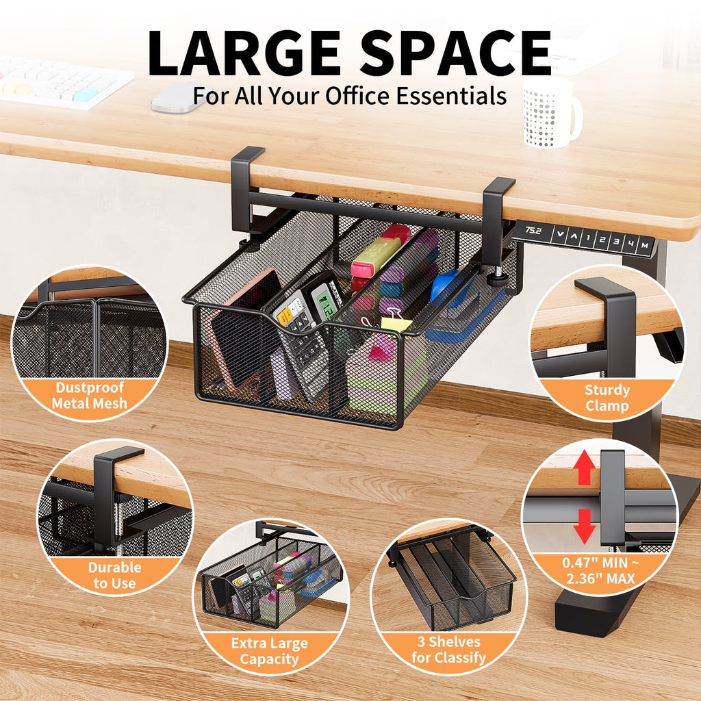 Under Desk Drawer Clamp-On Mesh Metal Under Table Storage Organizer Slide Out Caddy with 3 Compartments for Home & Of... - Image 4