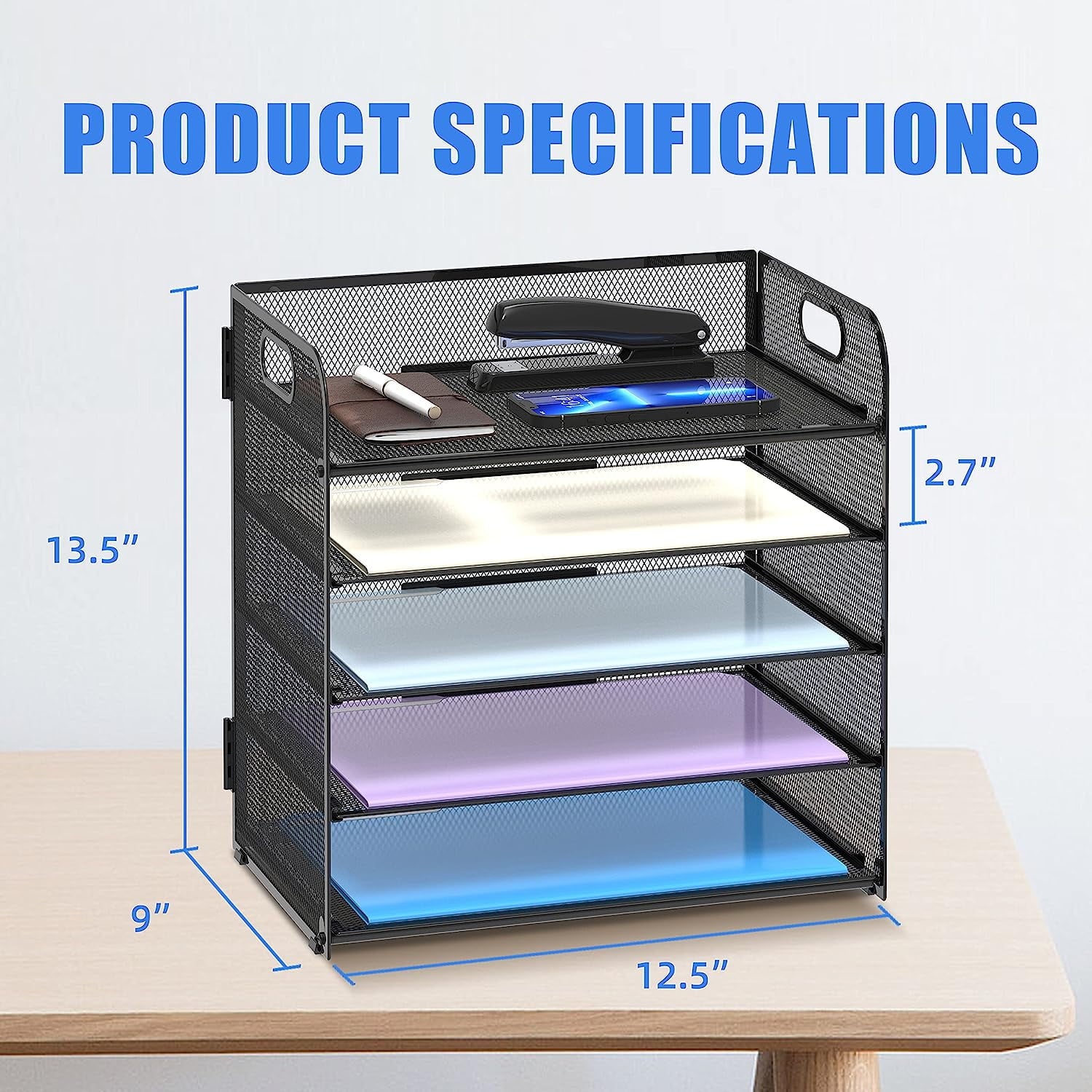 5 Paper Organizer with Handle - Mesh Desk File/Letter Organizer,Black Paper Sorter for Office, Home - Image 6