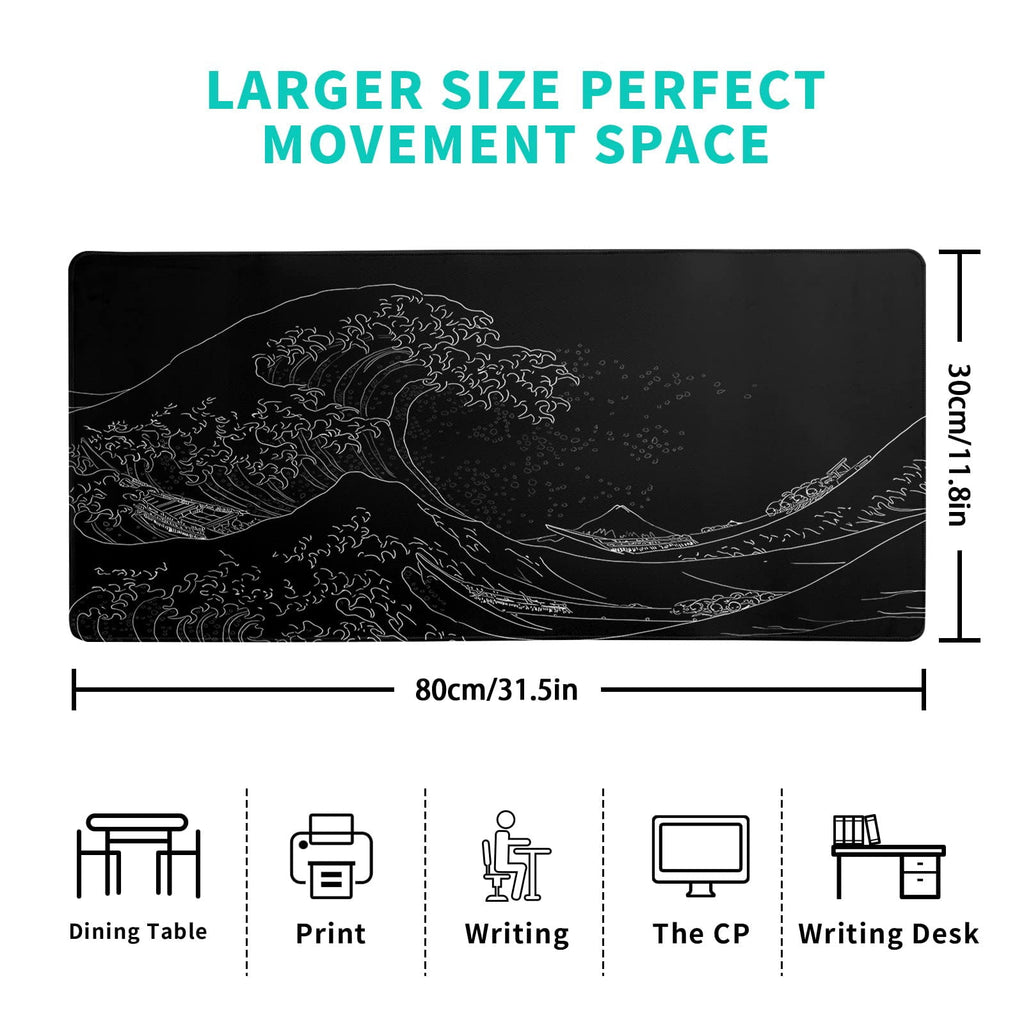 Large Japanese Sea Wave Mouse Pad, 31.5 x 11.8 Inch Extended Anime Gaming Desk Pad, Black Kanagawa Mat with Non-Slip ... - Image 2